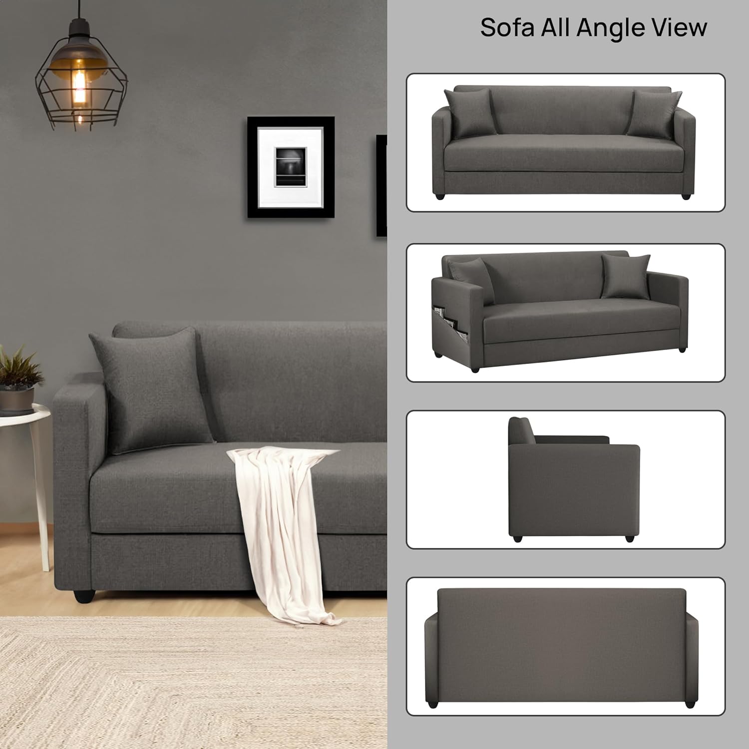 Elma Three Seater Sofa in Fabric- Grey
